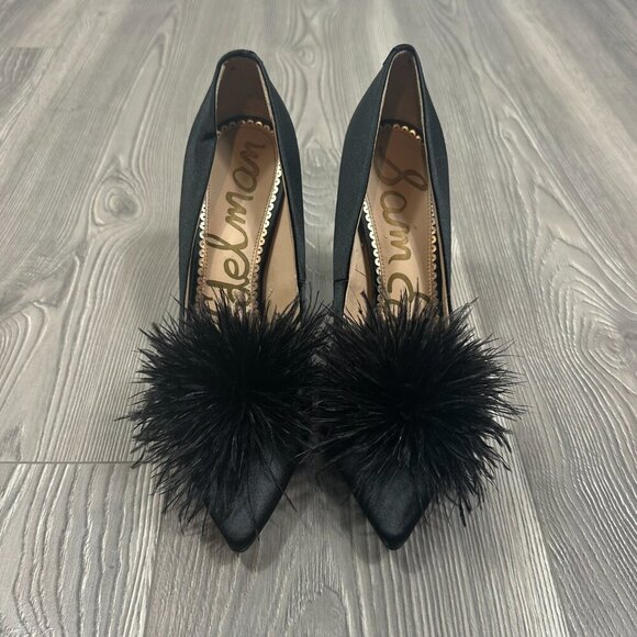 Sam Edelman Black Satin Feather Puff Pointed Toe Heels Women’s Size 7 - Picture 4 of 5